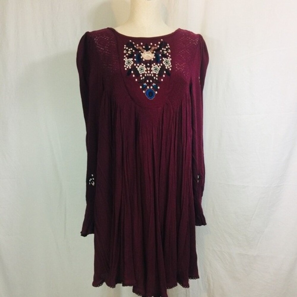 Free People Mohave Embroidered Maroon Dress Boho